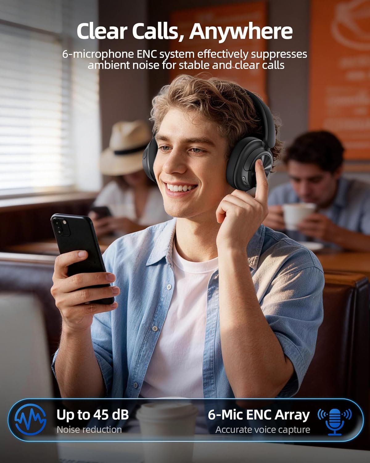 Hybrid Active Noise Cancelling Bluetooth 6.0 Headphones 120H Long Playtime, 6 ENC Mic, Over Ear Headphones Wireless, Hi-Res Audio, Memory Foam Earcup, Transparency Mode ANC Headphone for Travel Office - Image 5