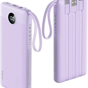 VRURC Portable Charger Power Bank, USB C Battery Pack 10000mAh, Flight-Safe Travel Essentials, 5 Outputs 2 Inputs Slim Phone Charging Bank Built-in Cables for Multi Devices-Lavender(1 Pack)