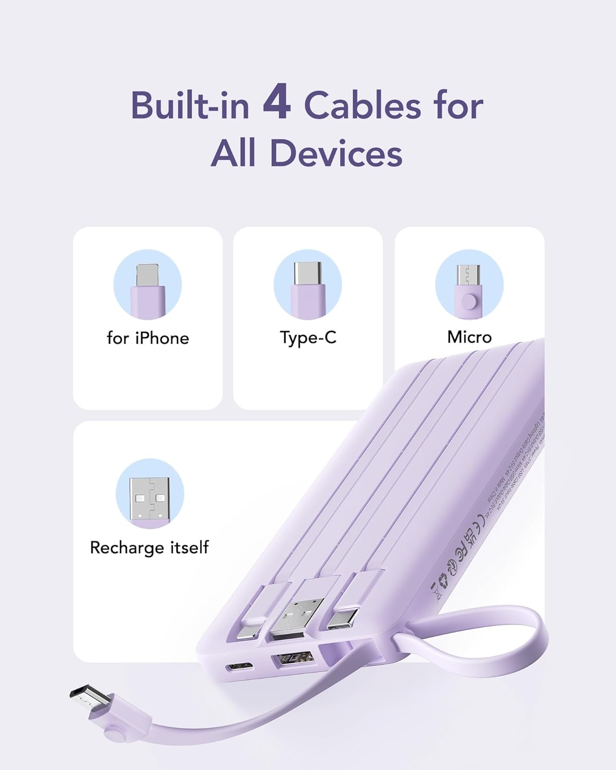 VRURC Portable Charger Power Bank, USB C Battery Pack 10000mAh, Flight-Safe Travel Essentials, 5 Outputs 2 Inputs Slim Phone Charging Bank Built-in Cables for Multi Devices-Lavender(1 Pack) - Image 5