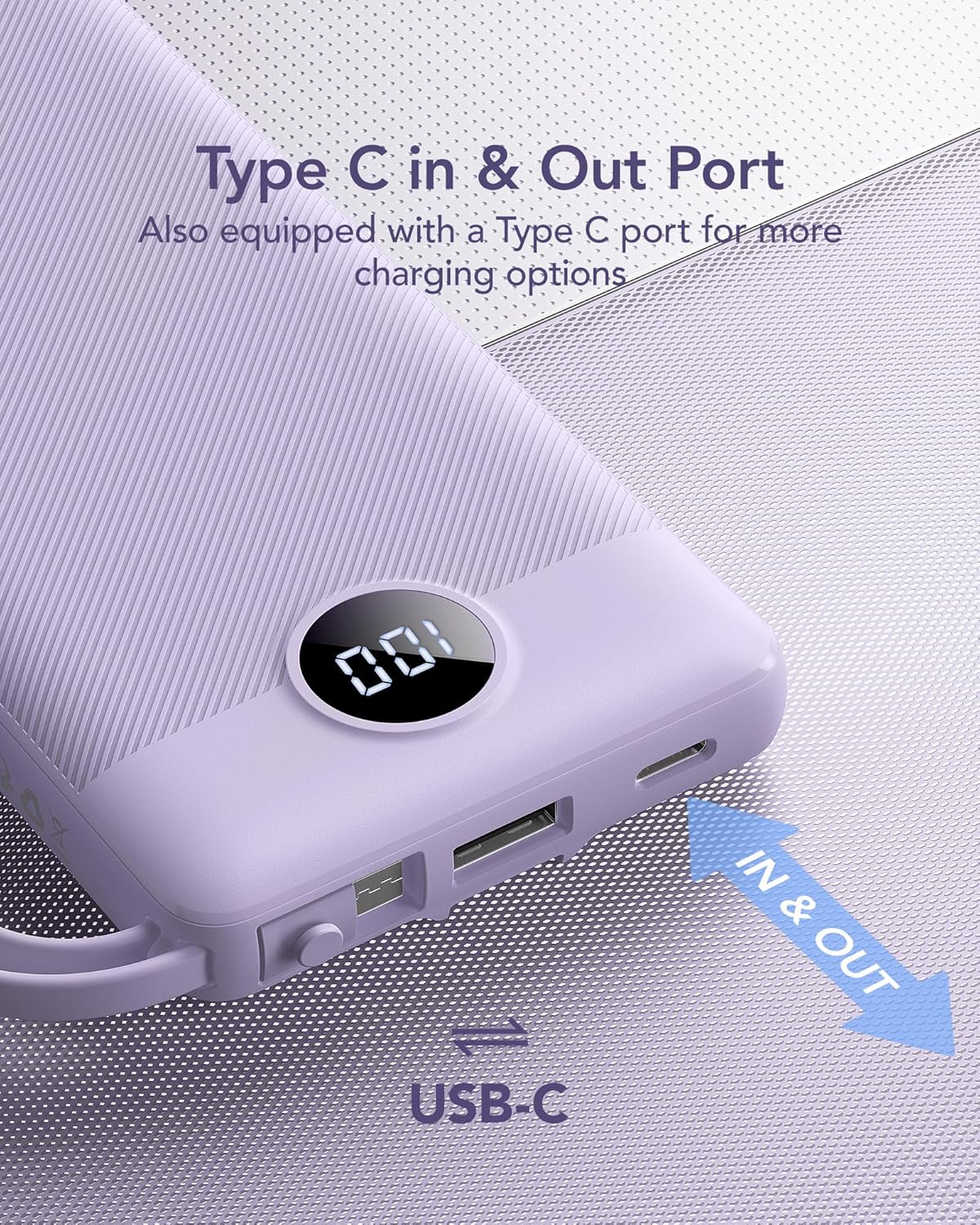 VRURC Portable Charger Power Bank, USB C Battery Pack 10000mAh, Flight-Safe Travel Essentials, 5 Outputs 2 Inputs Slim Phone Charging Bank Built-in Cables for Multi Devices-Lavender(1 Pack) - Image 7